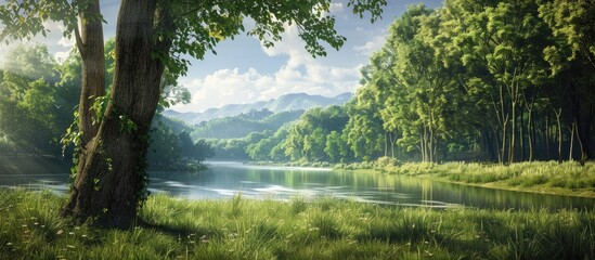 Wall Mural - Scenic summer outdoors with lush green grasslands towering trees and panoramic views ideal for hiking and picnicking a picturesque landscape with a river perfect for travel photos with copy space ima
