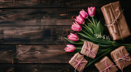 Wall Mural - A bouquet of pink tulips and two wrapped gifts on a dark wooden background