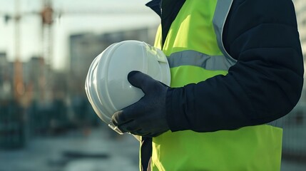 Fototapete - Safety workwear concept Male hand holding white safety helmet or hard hat Construction worker man in protective suit and reflective green vest standing with building concrete floor in  : Generative AI