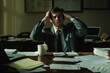 © kinara art design - Stressed businessman holding his head in frustration at a cluttered desk in a dimly lit office at night.