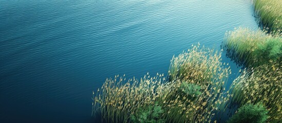 Canvas Print - Aerial view showing reeds in a blue lake with copy space image