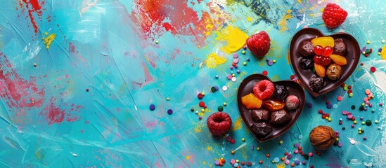 Canvas Print - Heart shaped chocolate sweets topped with fruits and nuts on a colorful background in a top view ideal for a holiday concept with space for text like a copy space image