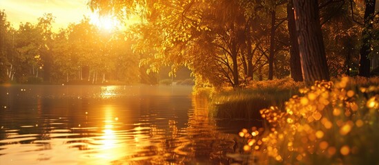 Canvas Print - A warm summer day with a bright golden sunset peeking through trees by a lake creating a serene copy space image