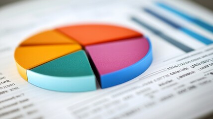 Aufkleber - An image of a printed business report with a pie chart, showing different colored segments and percentage labels for data analysis.