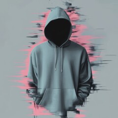 Digital illustration of a faceless person in a grey hoodie on a mysterious glitch background