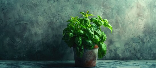 Sticker - A potted basil plant surrounded by textured background with fresh organic leaves a vegan homegrown spice ideal for kitchen gardening Image with basil plant copy space