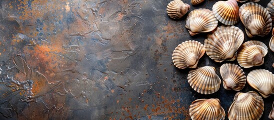 Poster - Top view of fresh clams and shellfish vongole on a food background with copy space image