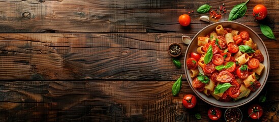 Canvas Print - Top view of Italian tomato pasta with vegetables spices on wooden background Includes copy space image