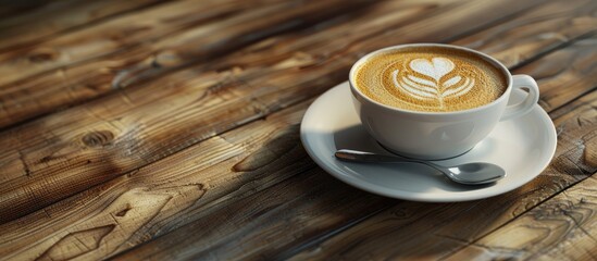 Sticker - Coffee cup with latte art and a spoon ready to enjoy at a cafe on a wooden table with space for additional text to be added to the image