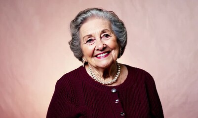 Poster - Portrait video of a happy Russian woman in her 90s wearing a chic cardigan against a pastel or soft colors background 