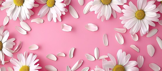 Canvas Print - Top view of white daisies chamomile flowers and petals on a pink pastel backdrop with copy space image forming a creative pattern for a summer holidays concept