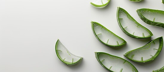 Poster - Aloe vera leaf slices on a white surface with copy space image in a flat lay style conveying a medicinal theme