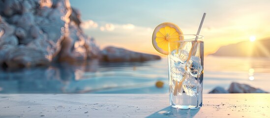 Poster - A copy space image featuring a glass of mineral water with lemon slices ice and straws on a white table against a backdrop of a blurred seascape and rocky mountains