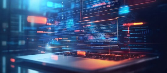 Wall Mural - a close-up of a laptop screen displaying lines of blue and red code