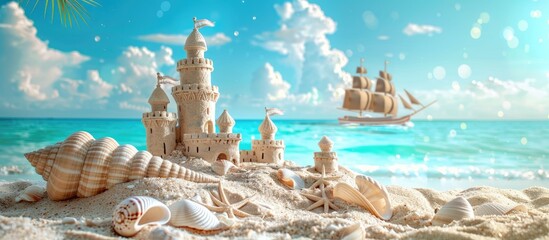 Sticker - Enjoy a tropical resort with a sand castle and shell ship on a sandy beach Relax by the beautiful azure waters of the sea perfect for summer holidays with a blue sky providing a serene background Cop