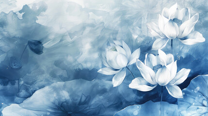 Wall Mural - Watercolor blue lotus flowers in ink, light white background, high definition, delicate lines and details