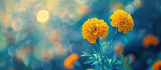 Poster - A pair of vibrant yellow marigolds stand out in a blurred background of more marigolds creating a beautiful copy space image