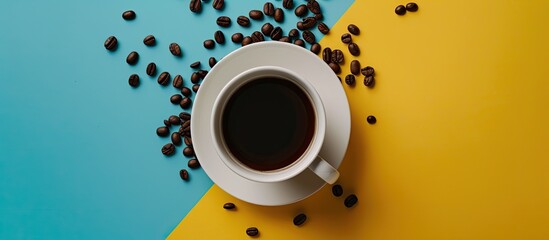 Wall Mural - A coffee cup with black coffee sits on a white surface with coffee beans scattered on a vibrant yellow and blue backdrop creating a vivid copy space image in top view