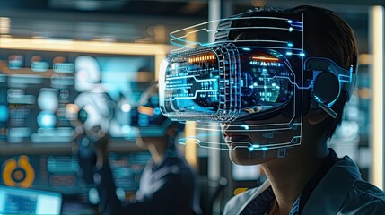 A futuristic business scene with employees using augmented reality glasses, holographic displays showing data analytics, and a sleek, connected office space