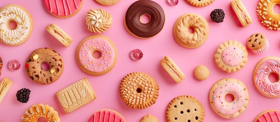 Wall Mural - Frame crafted from various cookies on a pink backdrop with copy space image