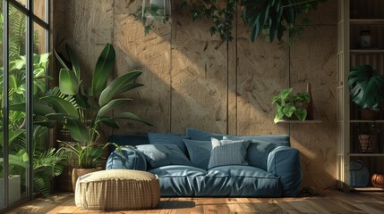 Wall Mural - Contemporary loft with plywood walls, wooden floors, blue retro sofa, pillows, and tropical plants by a low sill window. Urban jungle-style mock-up interior.