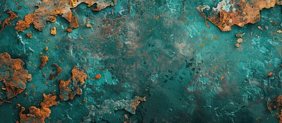 Canvas Print - Top view of a background with emerald green and rusty textures providing an abstract backdrop for design featuring a copy space image for a banner