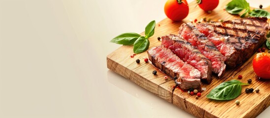 Canvas Print - Grilled steak slices with vegetables and spices displayed on a wooden board against a light background with copy space image