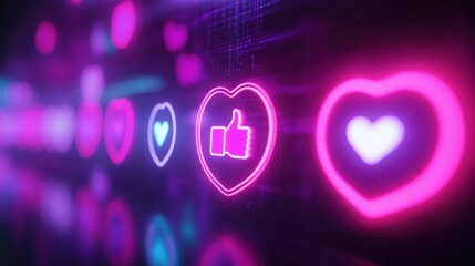 Wall Mural - Neon Hearts and Thumbs Up on a Digital Background