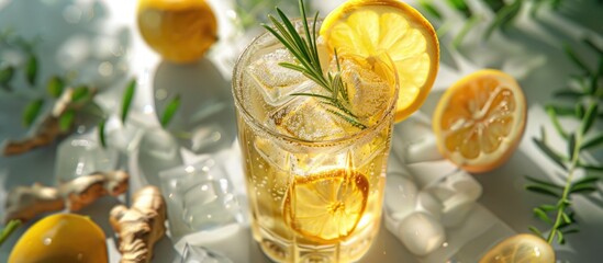 Poster - Iced drink featuring lemon ginger and rosemary garnish. Copy space image. Place for adding text and design