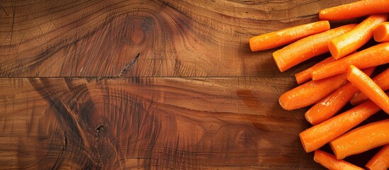 Poster - Top view of baby carrots with sauce on wooden surface featuring copy space image