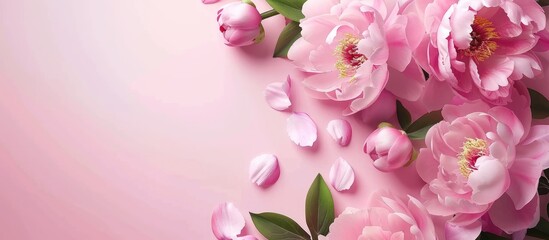 Canvas Print - Pink peony flowers arranged creatively on a soft pastel backdrop with ample copy space Nature themed flat lay design