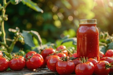 A glass jar with tomato juice on a field background. A jar of red jam on background of tomatoes. Ketchup in a glass jar.