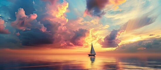 Aufkleber - Scenic sky above the ocean with colorful clouds and a sailing boat on the horizon providing a tranquil and picturesque view perfect for a copy space image