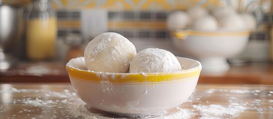 A close up of two white bread dough balls covered in flour inside a white bowl with yellow trim on a bakery kitchen counter with copy space image available