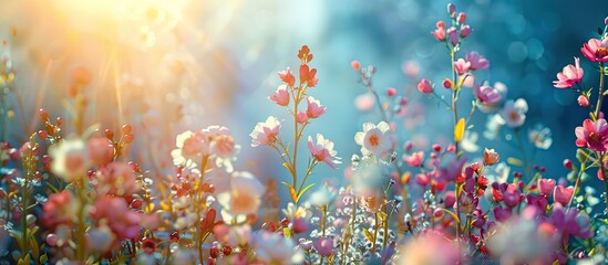 Aufkleber - Bright sunlight bathes delicate spring flowers in a vibrant tapestry of color against a backdrop of blue sky creating a picturesque scene with copy space image