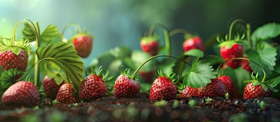 Poster - Close up image of strawberries growing in a garden with copy space image