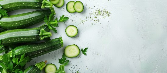 Zucchinis freshly cut on a white background with copy space image