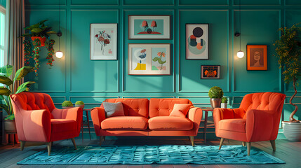 Poster - Lounge chairs and sofa against teal classic paneling wall with art posters Midcentury style home interior design of modern living