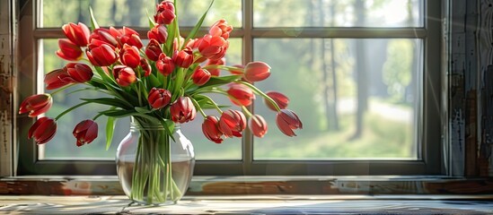 Aufkleber - A bouquet of red tulips in a vase on the windowsill as a lovely gift portrays a copy space image with beautiful red flowers in a vase by the window