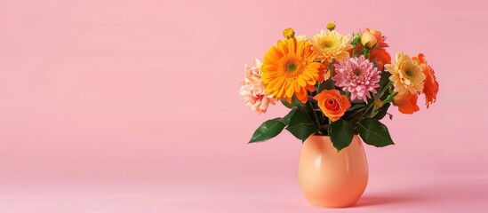 Aufkleber - Orange rose and chrysanthemum in a vase on pink backdrop captured from a high angle providing ample copy space image