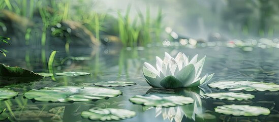 Aufkleber - White lotus blossom against a tranquil pond background with copy space image