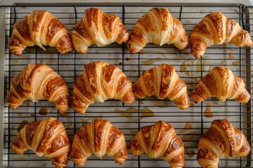 Wall Mural - An image highlighting the flaky and buttery texture of freshly baked croissants, still warm from the oven