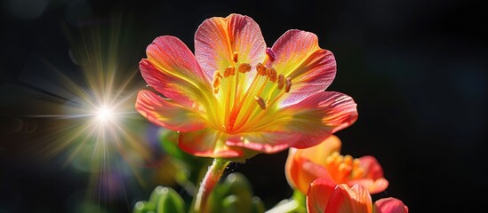Aufkleber - Macro photograph displaying a colorful Lewisia cotyledon blossom in a German garden highlighted by bright sunshine against a dark backdrop with focus on the center s pollen providing copy space image