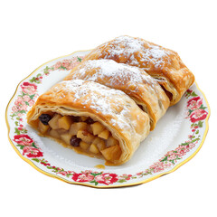 Wall Mural - front view of Apfelstrudel with German apple strudel, filled with spiced apples and raisins, isolated on a white transparent background