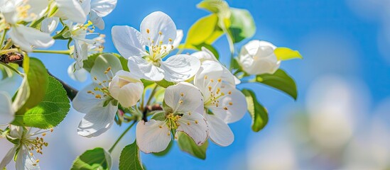 Aufkleber - White apple blossom flower in close up on apple tree branches against a blue sky background with selective focus providing copy space image