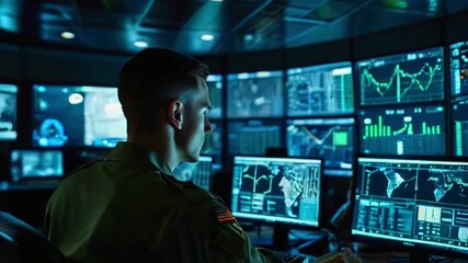 A man in military uniform sits in front of multiple computer monitors displaying data and maps in a dark room.