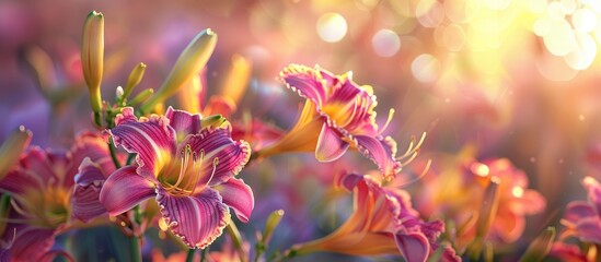 Aufkleber - Daylilies in vibrant magenta and yellow hues blooming under the sun ideal for a copy space image