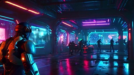 A futuristic cyborg stands in a neon-lit hallway, surrounded by other figures in the distance.
