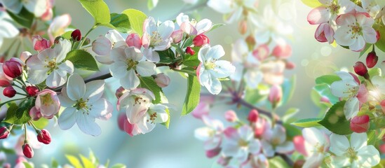 Aufkleber - A picture of a flourishing apple blossom tree with white and pink flowers providing a clear copy space image
