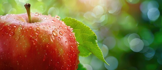 Wall Mural - Fresh apple with a water drop on its skin set against a lush green natural backdrop a concept representing a background with a copy space image